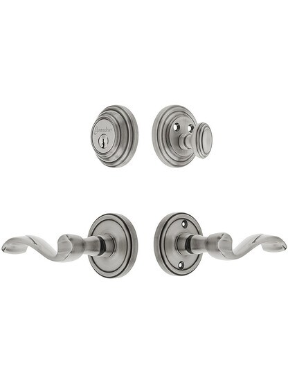 Grandeur Georgetown Entry Door Set, Keyed Alike with Portofino Levers Left Handed in Antique Pewter.